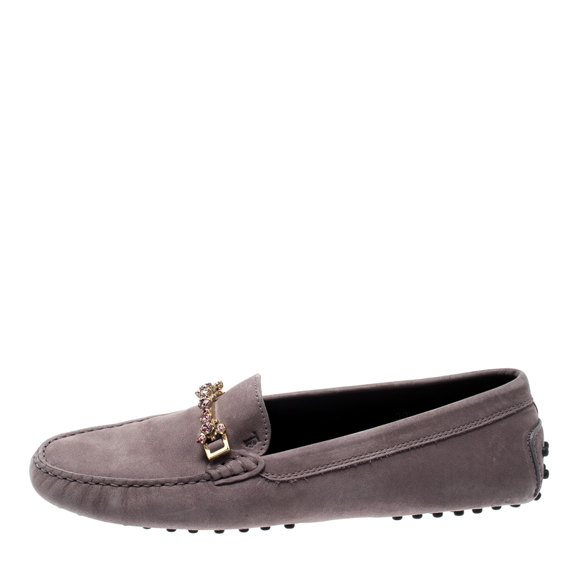 

Tod's Grey Suede Crystal Embellished Slip On Loafers Size