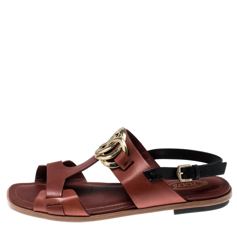 

Tod's Brown Leather Chain Link Detail Flat Sandals Size