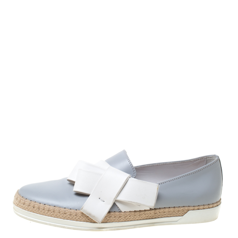 

Tod's Light Grey Leather Bow Detail Espadrille Trim Loafers Size