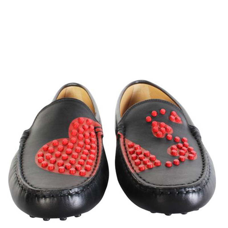 

Tod's Black Leather Heart Loafers Size