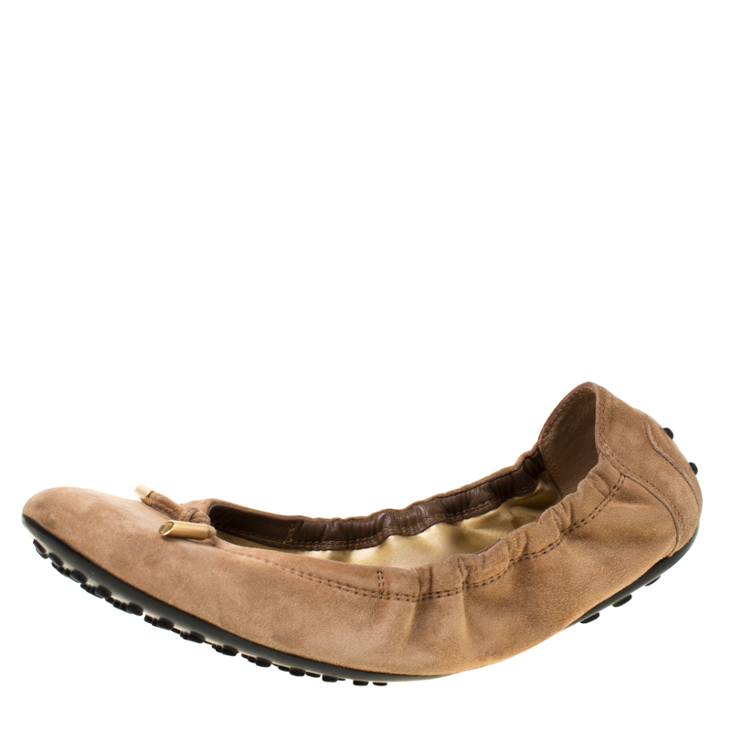 Pre Owned Tod's Brown Suede Leather Scrunch Ballet Flats Size 38.5