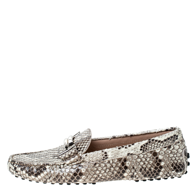 

Tod's Beige/Black Python Double T Metal Loafers Size
