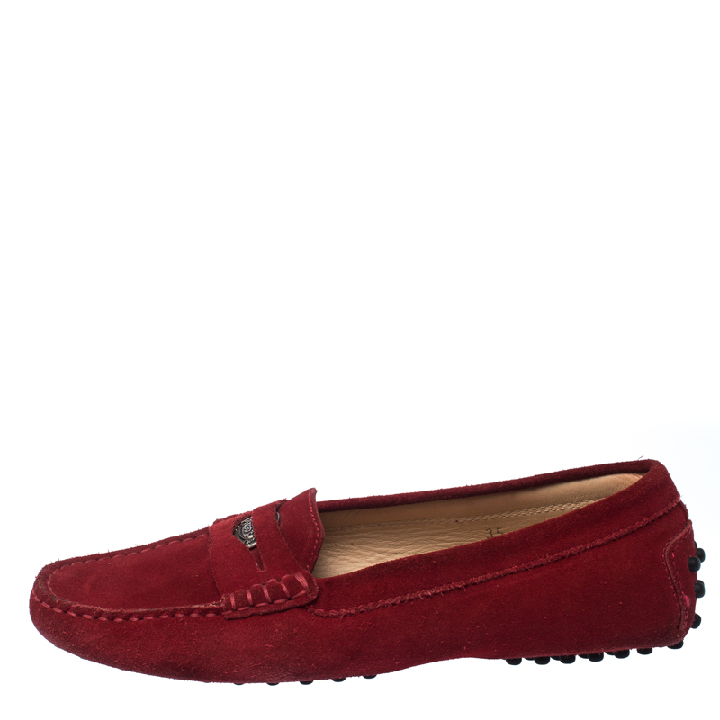 Pre-owned Tod's Red Suede Leather Penny Slip On Loafers Size 35
