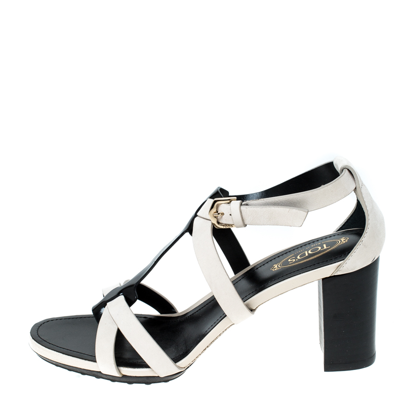 

Tod's White/Black Nubuck Leather Ankle Strap Sandals Size