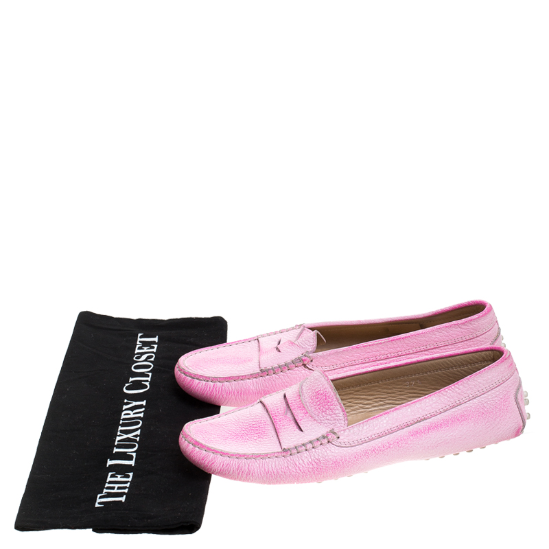 Pre-owned Tod's Pink Leather Penny Slip On Loafers Size 37.5