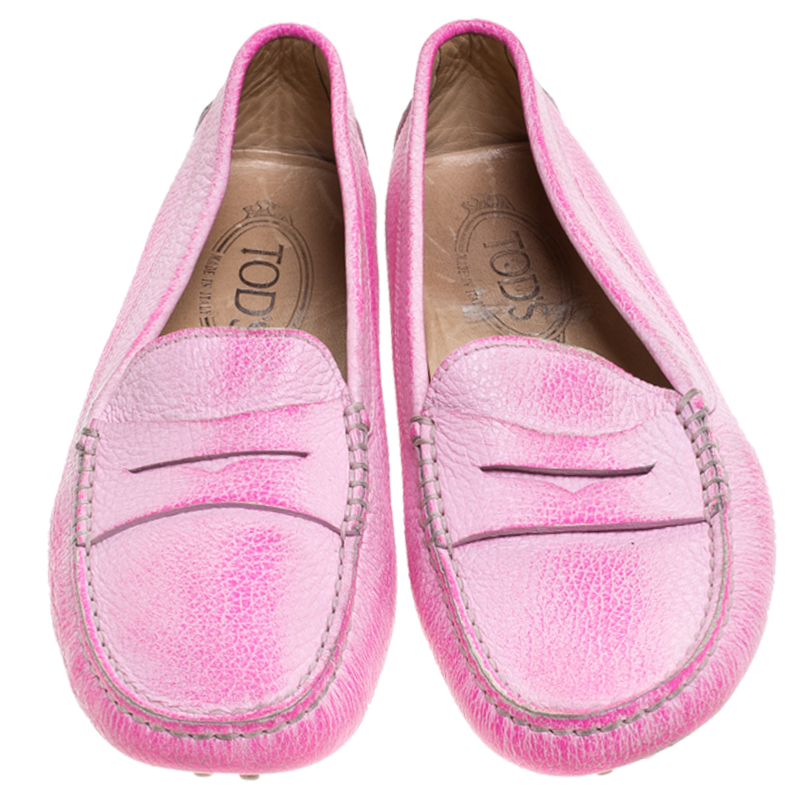Pre-owned Tod's Pink Leather Penny Slip On Loafers Size 37.5