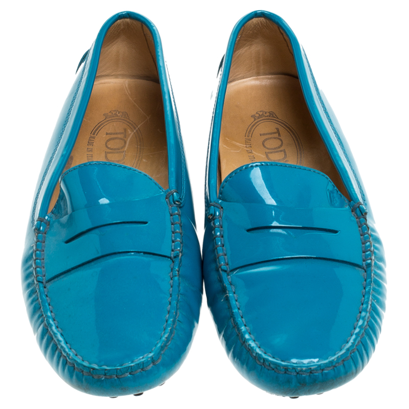 Pre-owned Tod's Blue Patent Leather Penny Slip On Loafers Size 38