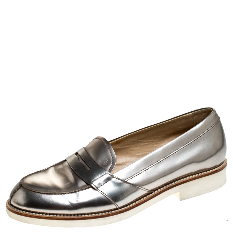 Pre Owned Tod's Metallic Bronze Leather Slip On Loafer Sneakers Size 37
