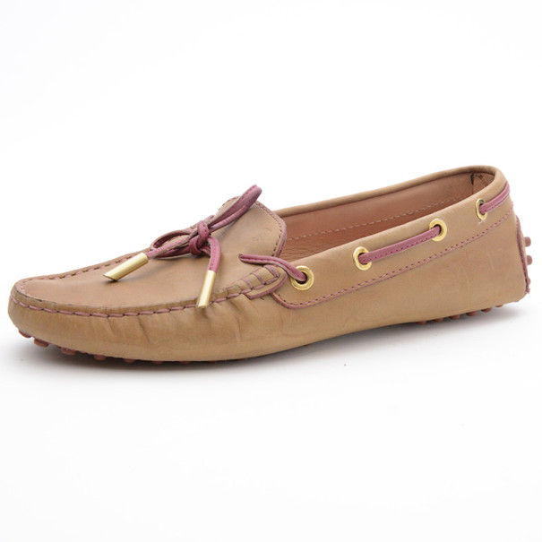 Pre Owned Tod's Tan Leather Bow Loafers Size 36.5