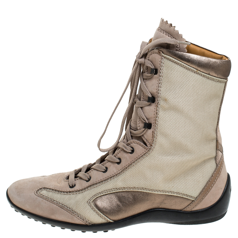

Tod’s Beige/Olive Green Canvas and Leather Lace Up Boots Size
