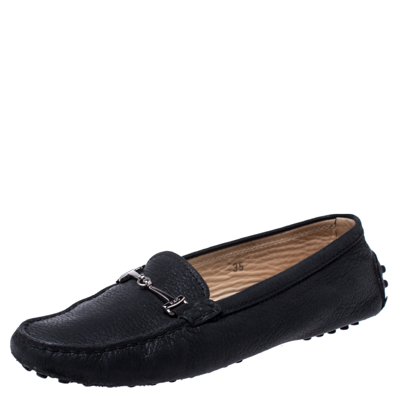 Pre Owned حذاء لوفرز تودز سليب أون T مزدوج جلد أسود مقاس 35