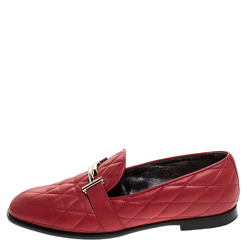 

Tod's Red Quilted Leather Double T Slip On Loafers Size