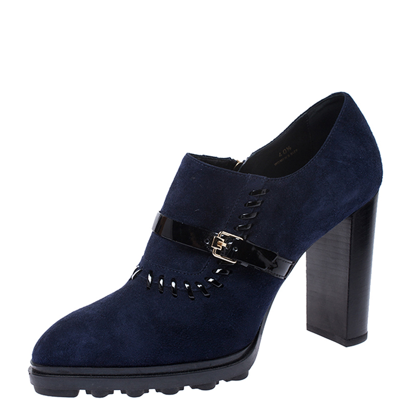 Tod's Navy Blue/Black Suede Whipstitch Detail Ankle Booties Size 40.5