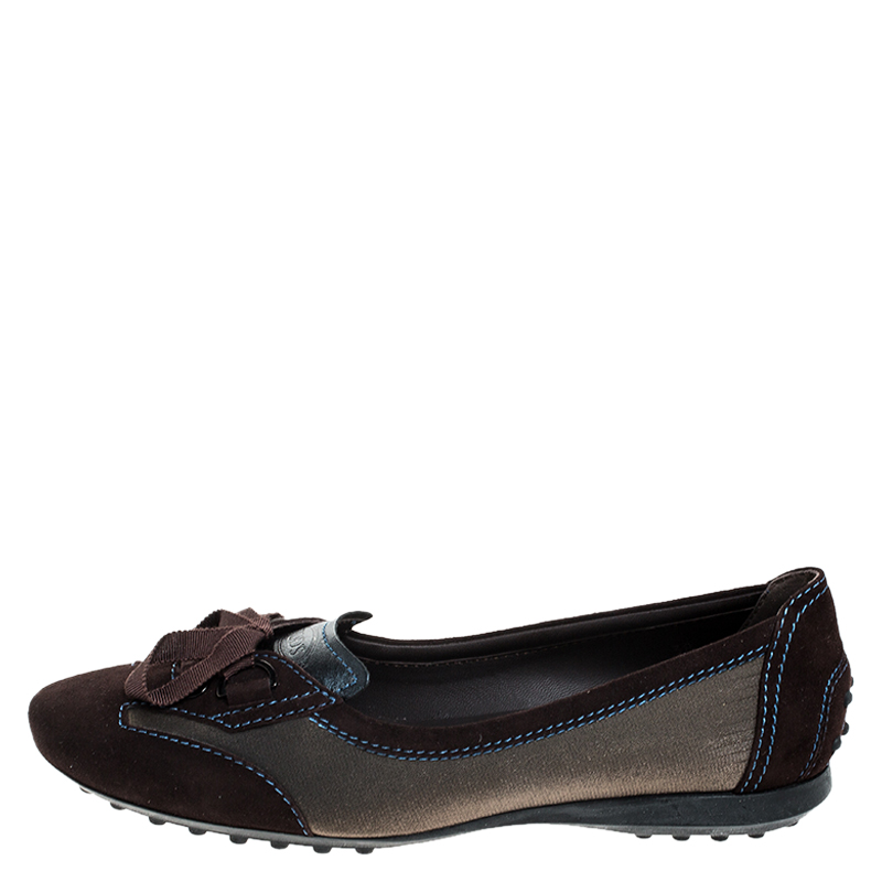 

Tod's Brown Suede, Mesh And Blue Leather Lace Bow Ballet Flats Size