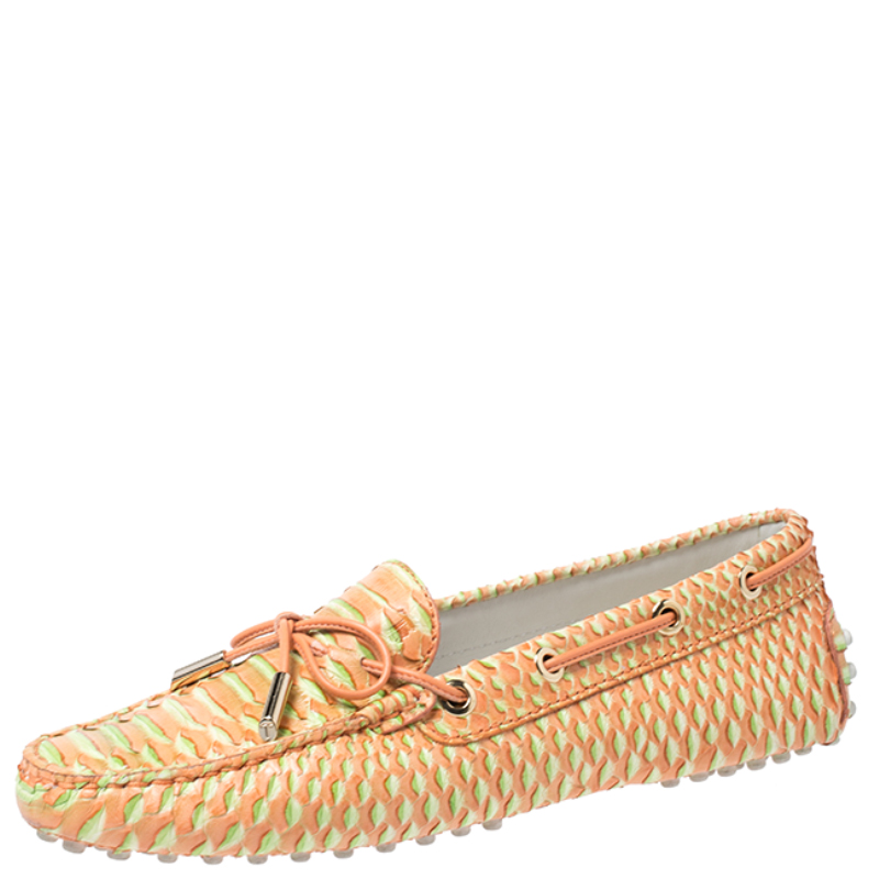 

Tod's Orange/Green Python Gommino Bow Loafers Size