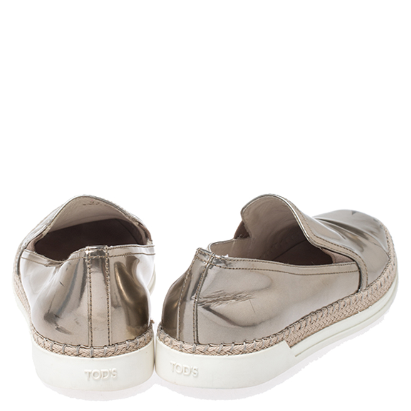 Pre-owned Tod's Metallic Rose Gold Patent Leather Slip On Espadrilles Trainers Size 37.5