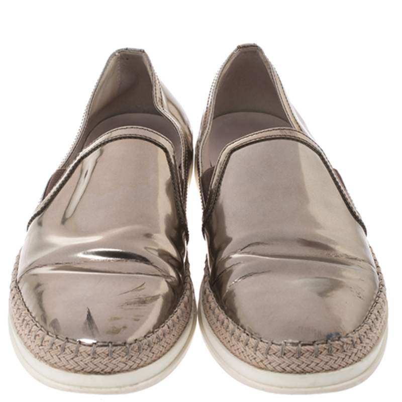 Pre-owned Tod's Metallic Rose Gold Patent Leather Slip On Espadrilles Sneakers Size 37.5
