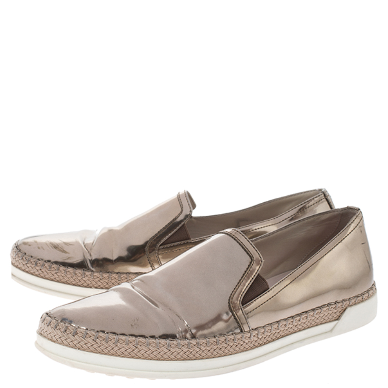 Pre-owned Tod's Metallic Rose Gold Patent Leather Slip On Espadrilles Trainers Size 37.5