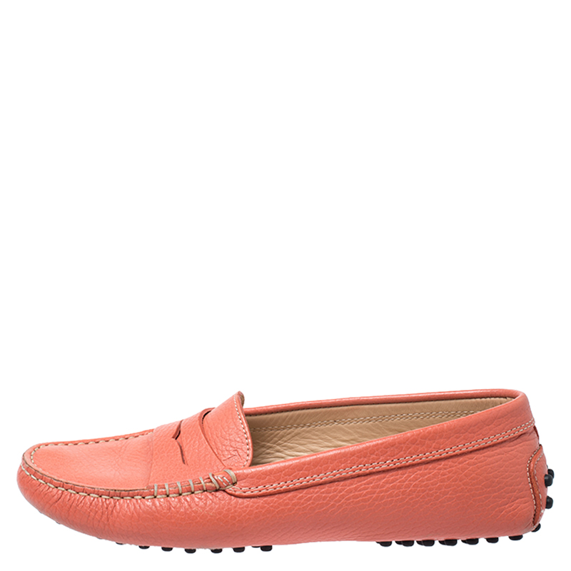 

Tod's Coral Orange Leather Penny Loafers Size