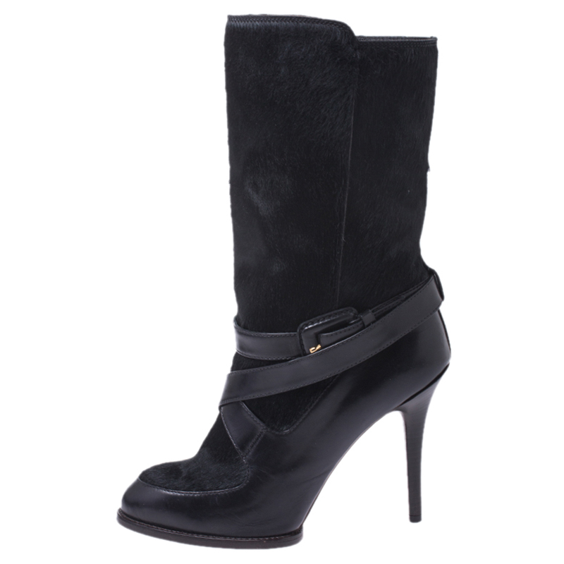

Tod's Black Leather And Pony Hair Buckle Mid Calf Boots Size