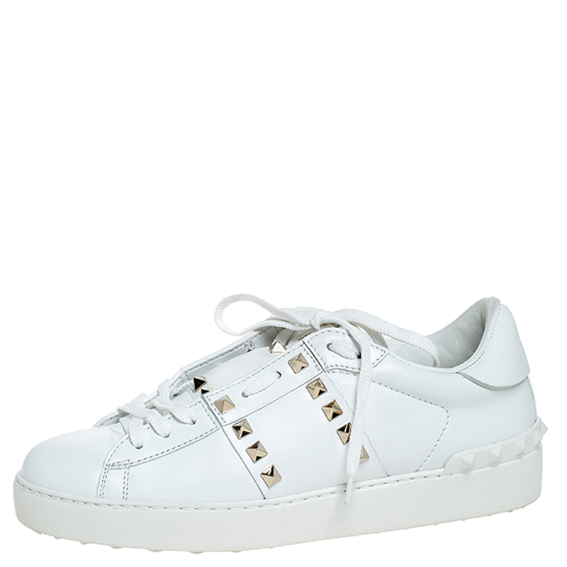 Pre Owned Valentino White Leather Rockstud Untitled Low Top Sneakers Size 38.5