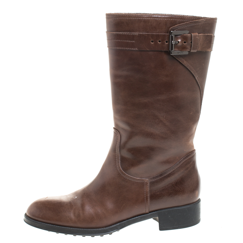 

Tod's Brown Leather Mid Calf Buckle Detail Biker Boots Size