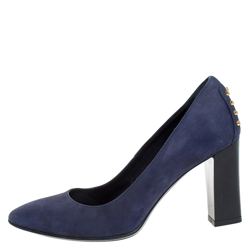 

Tod's Navy Blue Nubuck Studded Block Heel Round Toe Pumps Size