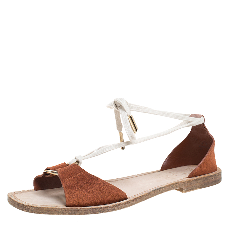 

Tod's Brown Suede Ankle Wrap Flat Sandals Size