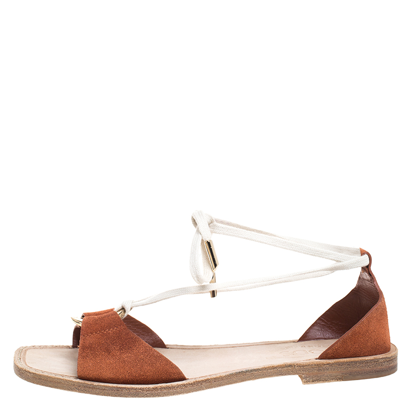 Pre Owned Tod's Brown Suede Ankle Wrap Flat Sandals Size 37.5