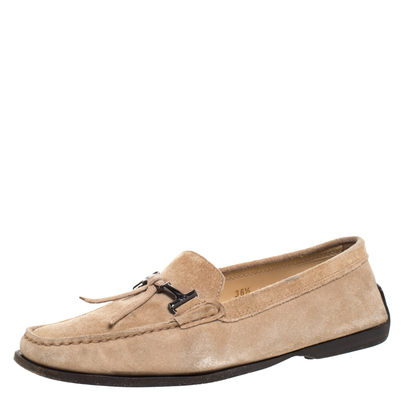 Pre Owned Tod's Beige Suede Gommini Slip On Loafers Size 36.5