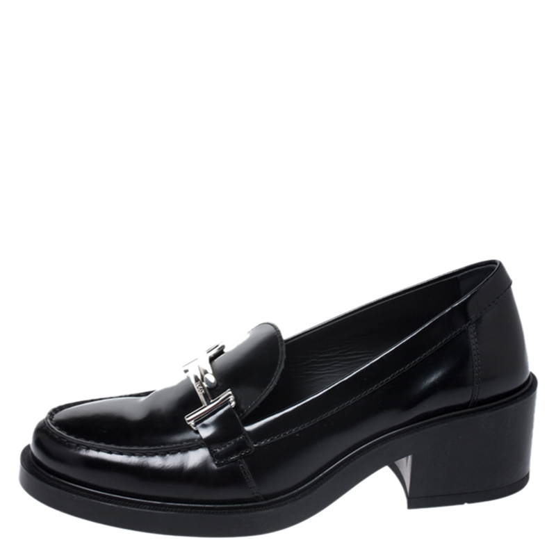 

Tod's Black Leather Double T Block Heel Loafer Pumps Size