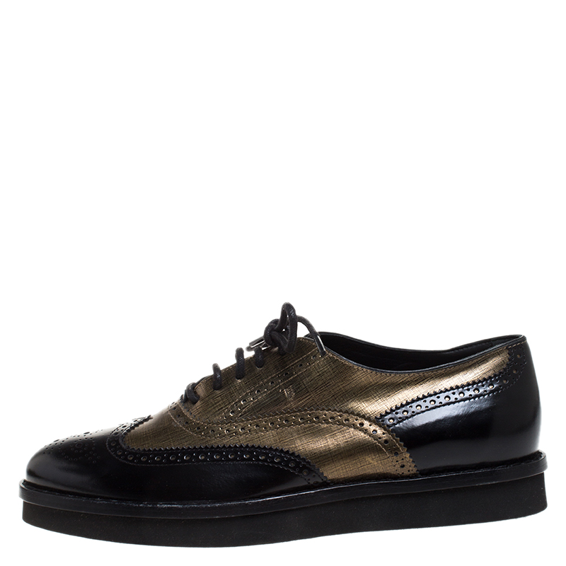 

Tod's Black/Gold Brogue Leather Lace Up Oxford Size