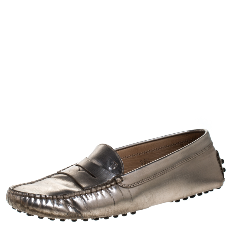 Pre-owned Tod's Metallic Leather Penny Loafers Size 36.5