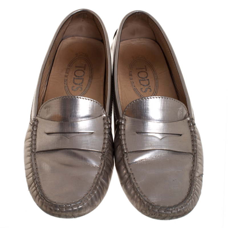 Pre-owned Tod's Metallic Leather Penny Loafers Size 36.5