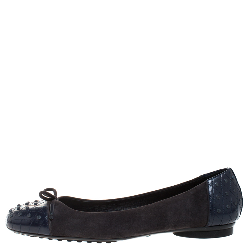 

Tod's Blue Leather And Grey Suede Dew Gommini Ballerina Flats Size