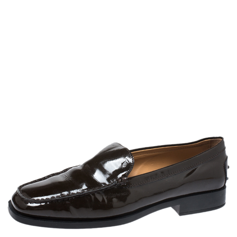 Tod's Dark Brown Patent Leather Slip On Loafer Sneakers Size 39.5