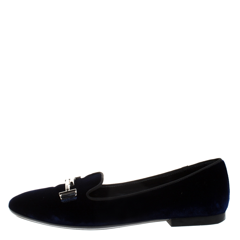 

Tod's Blue Velvet Double T Smoking Slippers Size, Black