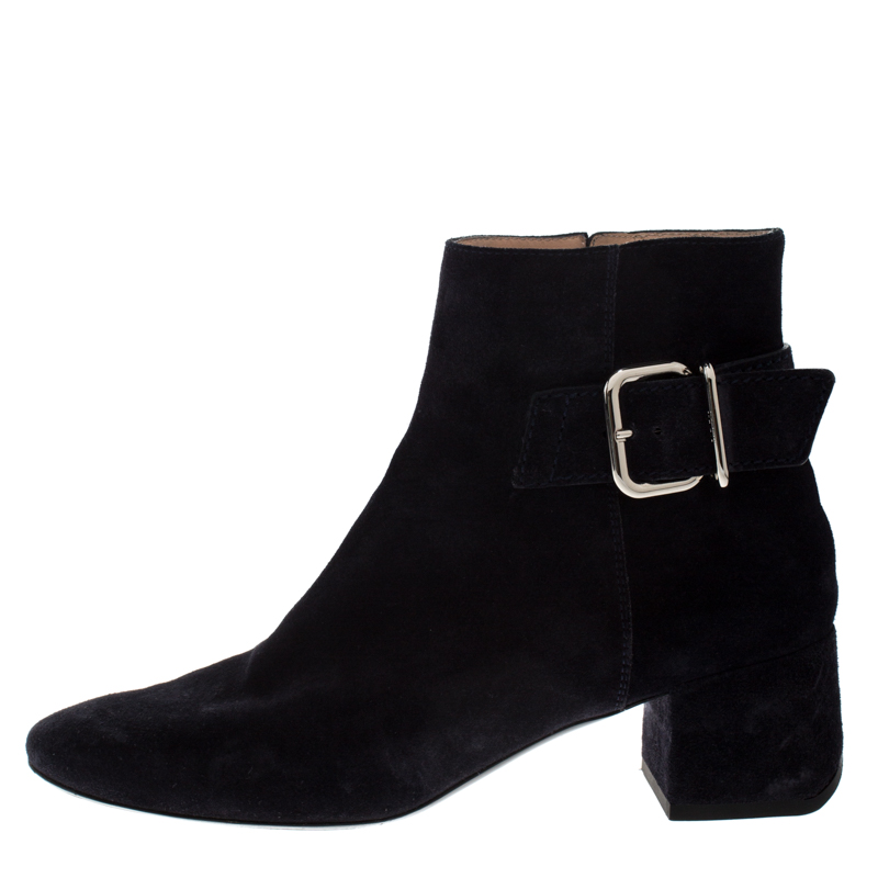 

Tod's Dark Blue Suede Buckle Ankle Boots Size