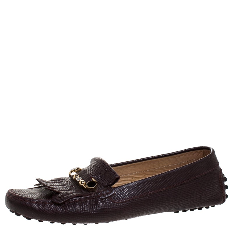 مملوكة مسبقًا Tod's Brown Lizard Embossed Leather Fringe Slip On Loafers Size 36.5