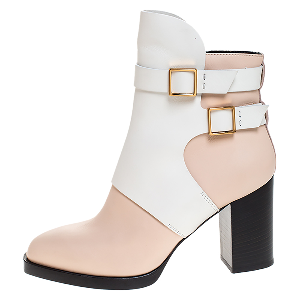 

Tod's White/Peach Leather Buckle Ankle Boots Size