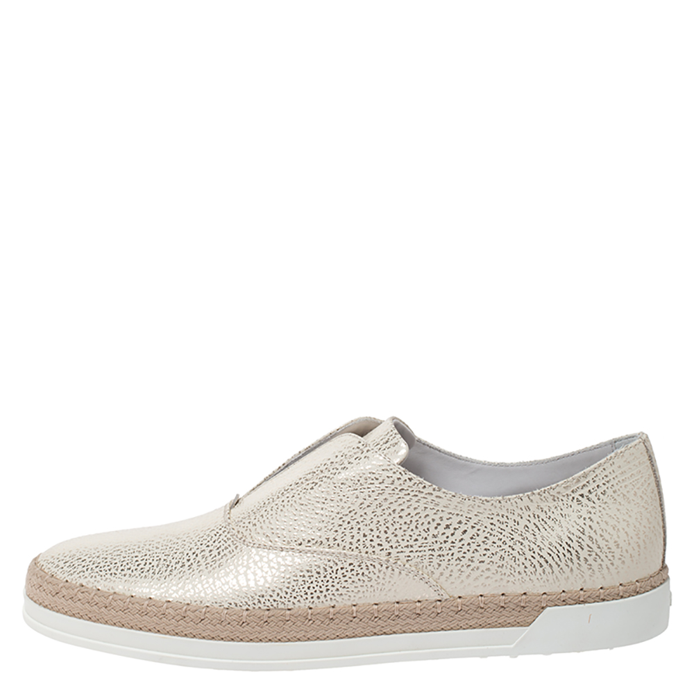 

Tod's Gold/White Textured Leather Francesina Espadrille Slip On Sneakers Size