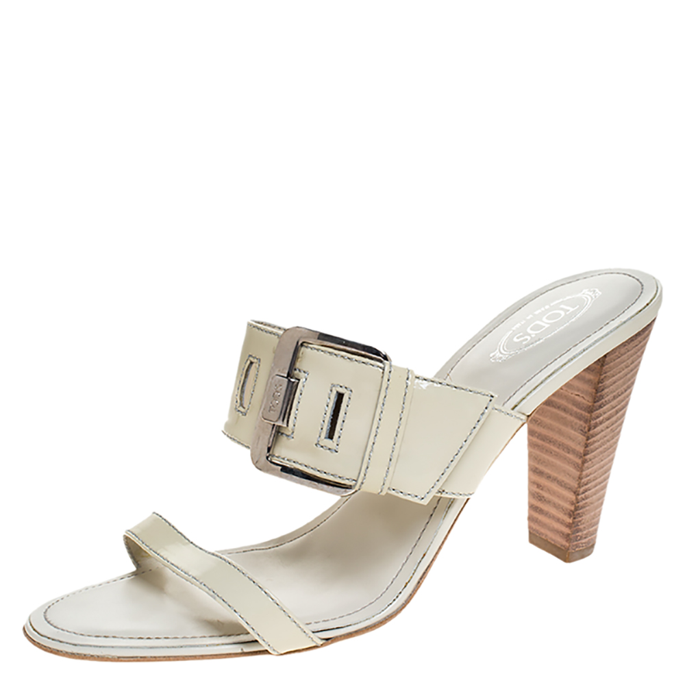 Pre-owned Tod's White Patent Leather Peggy Buckle Slide Sandals Size 41