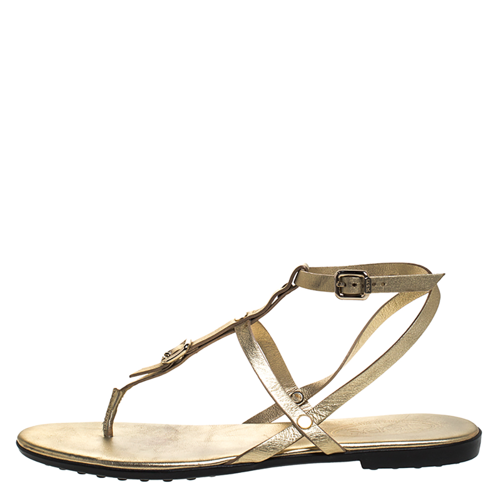 

Tod's Gold Leather Studded Buckle Detail Ankle Wrap Flat Sandals Size