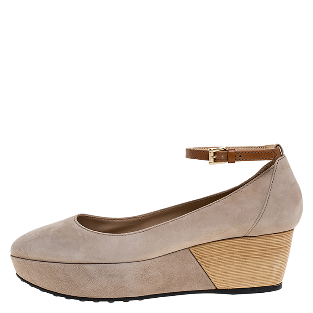 

Tod's Beige Suede Ankle Strap Platform Wedge Pumps Size