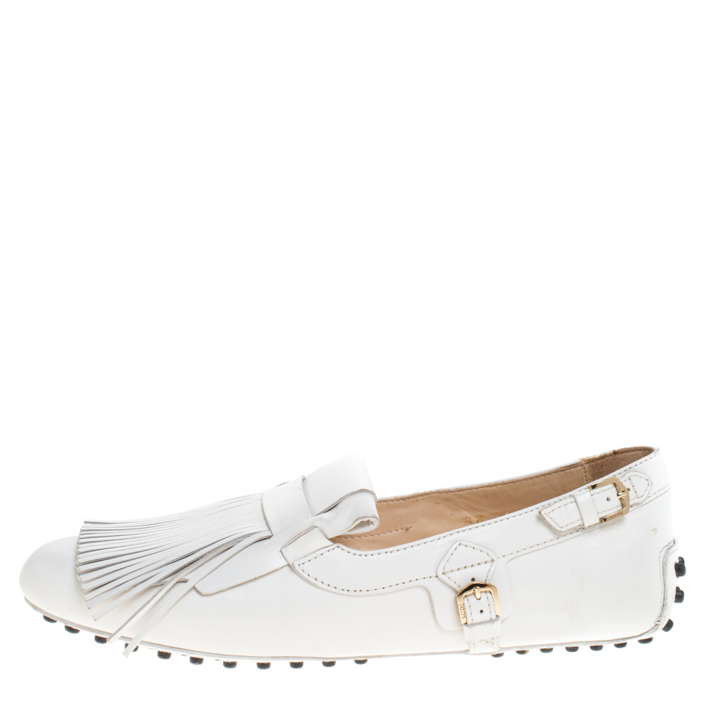 

Tod's White Leather Gommino Fringe Loafers Size