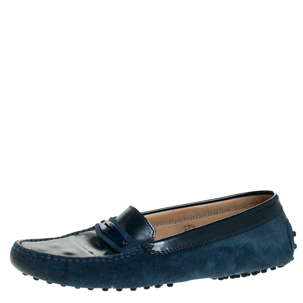 Pre-owned Tod's Blue Patent Leather And Suede Penny Slip On Loafers Size 37.5