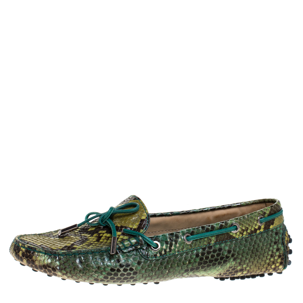 

Tod's Green/Black Python Gommino Bow Loafers Size