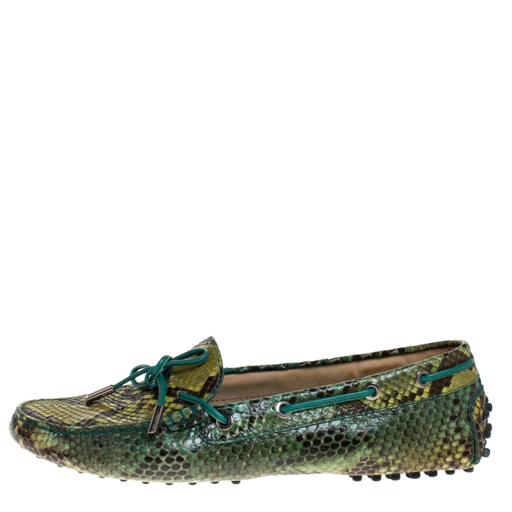 Pre Owned Tod's Green/Black Python Gommino Bow Loafers Size 40