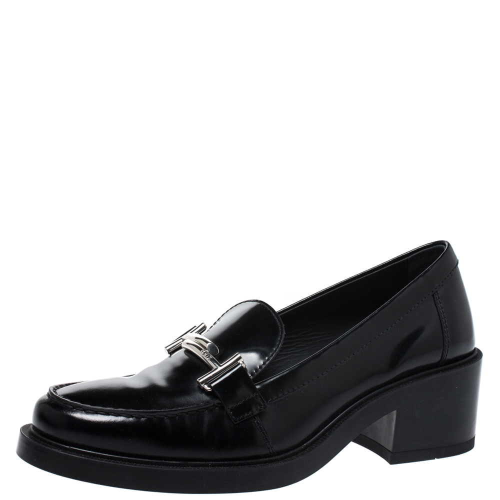 Pre Owned Tod's Black Leather Double T Loafers Size 38