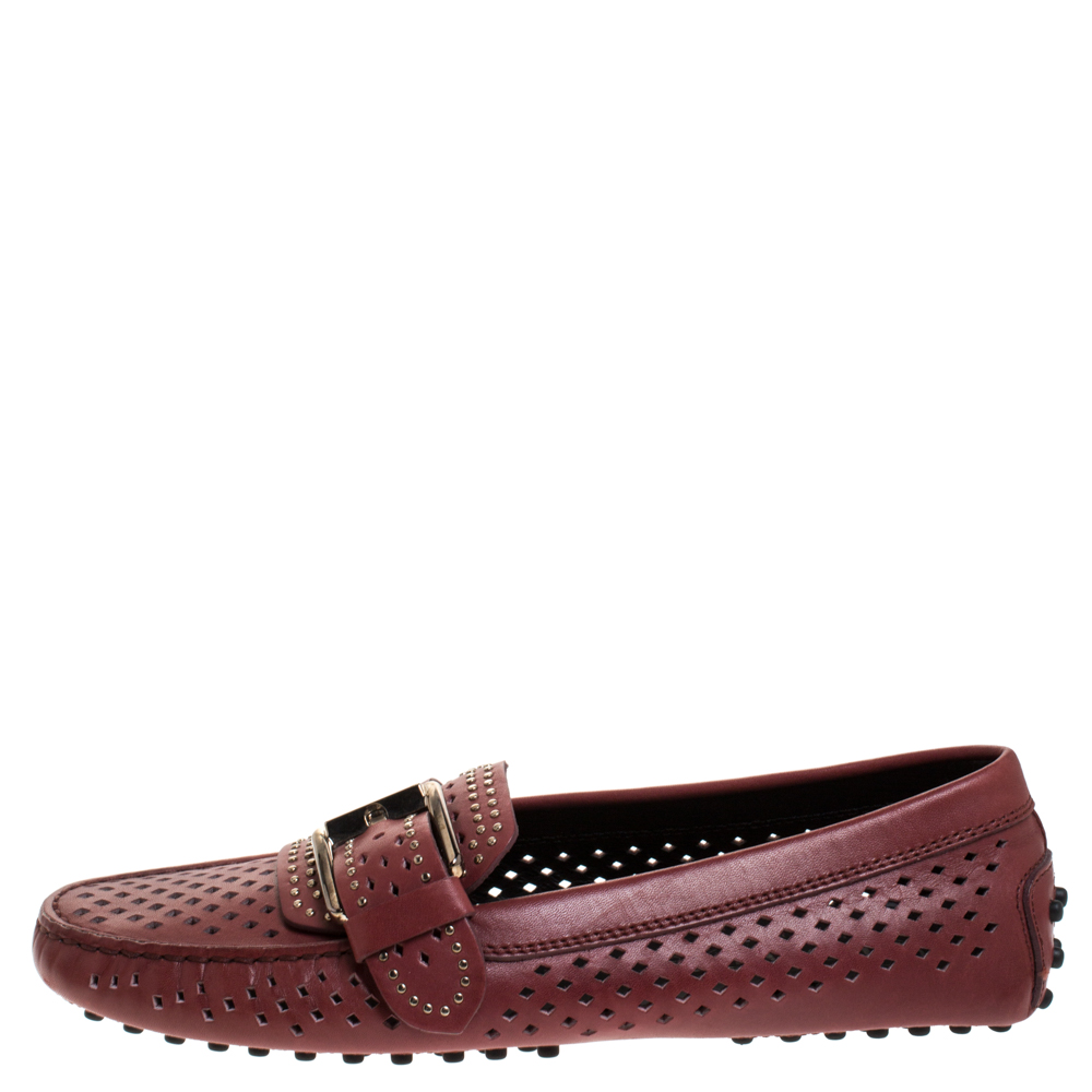 

Tod's Burgundy Leather Studded Cut Out Buckle Detail Loafers Size